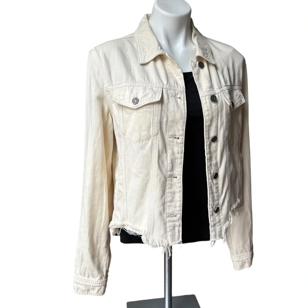 HIDDEN JEANS Rebel Fray Hem Denim Trucker Jacket in Cream, Sz L - Picture 7 of 16